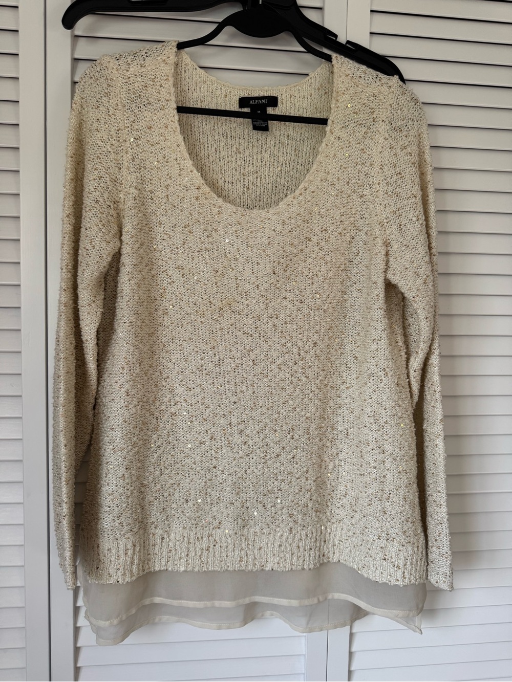 Alfani Cream Sequin Scoop-Neck Layered Hem Sweater